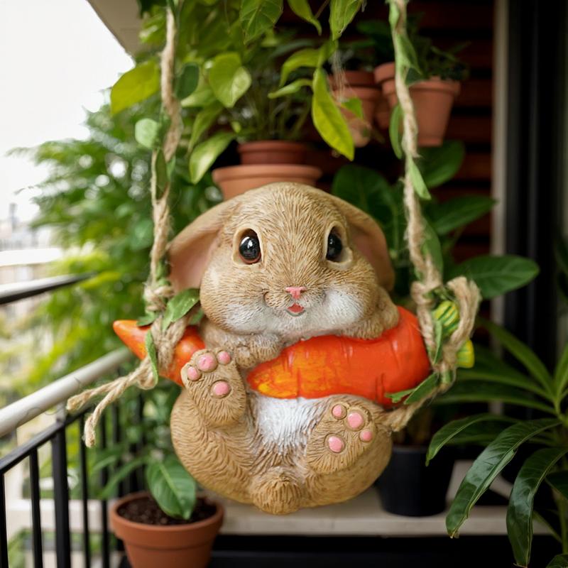 Easter Bunny Pendant Landscaping Animal Statue with Swing Rope & Hook Rustic Swinging Rabbit Figurine Hanging Ornaments for Car