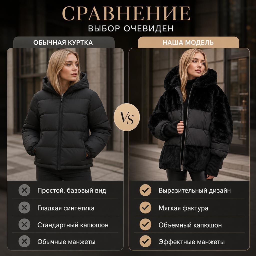 Warme Damen Winterjacke mit Kunstfell-Einsätzen, Kapuzen-Parka mit lockerer Passform, gesteppt, mit Strickbündchen an den Ärmeln, Reißverschluss, Patchwork-Mantel