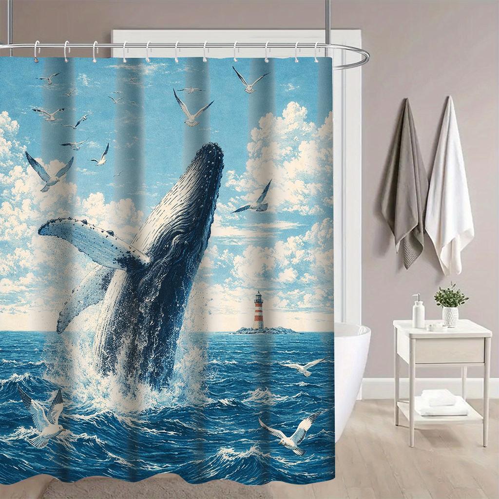 Tenda da Doccia con Illustrazione di Balena che Salta dall'Oceano 1 Pezzo con 12 Ganci per Bagno Decorazione per la Casa Poliestere Stampa Piatta 2D 70,8X70,8 Pollici