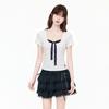 Design polka dot lace-up fake two-piece front shoulder short-sleeved t-shirt women's summer slim-fitting waist short top