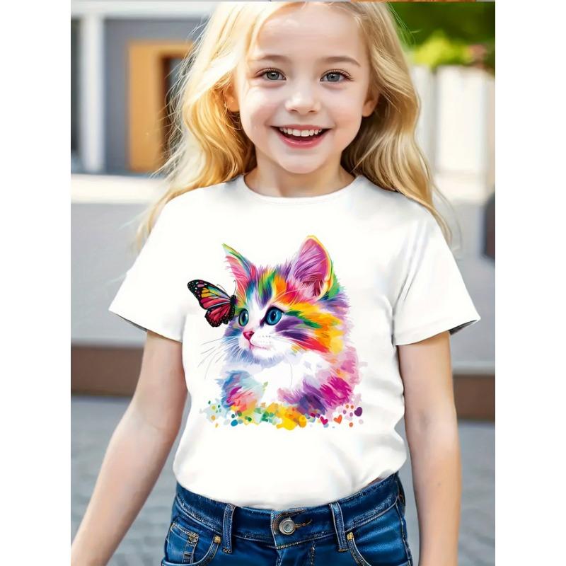2025 Kids Clothes Summer T-Shirt Cat 3D Printing Tops Casual Short Sleeve Tee Fashion Girl T-Shirts Crew Neck Children's T-Shirt