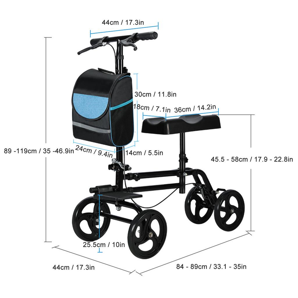 Knee Walker Foldable Adjustable Height Steerable Leg Scooter with Brake and Storage Bag for Foot Injuries Adult