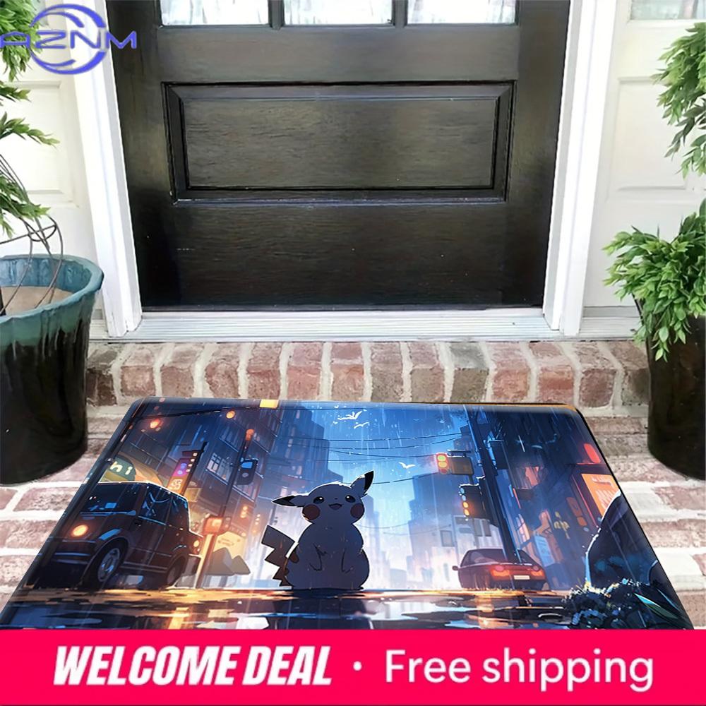 Pokemon Pikachu Night City Rain Print Non-Slip Doormat, Absorbent Floor Mat for Home Decor