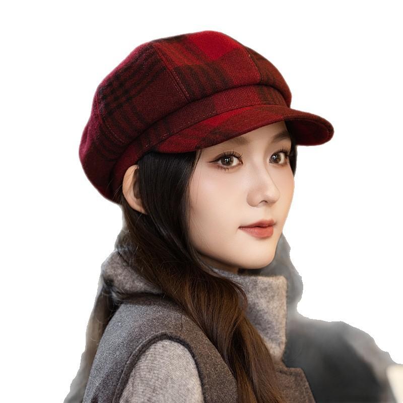 British Style Retro Plaid Bere Hat for Women In Autumn and Winter New Casual Versatile Painter Hat Windproof Warm Newspaper Boy Hat