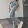 Women's High-Waisted Flared Jeans - Slim Fit, Strappy Detail, Elastic, Split Hem, Autumn Collection