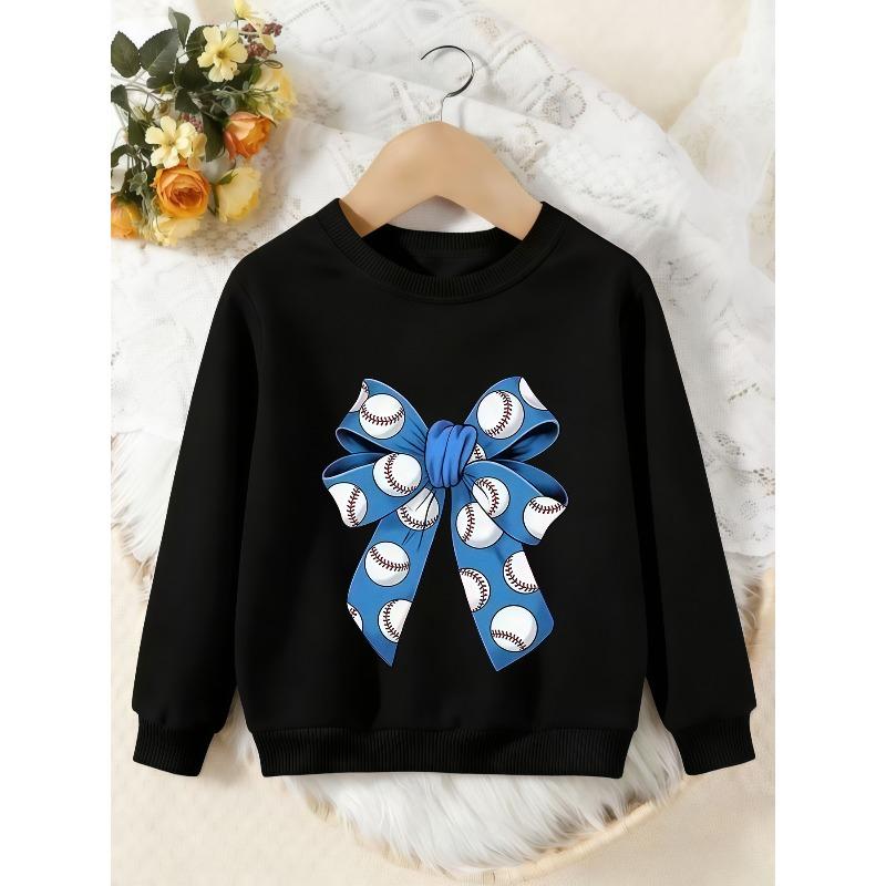 Unisex Kids Crewneck Sweatshirt, Blue Baseball Bow Print Long Sleeve Pullover, Boys Girls Sports Casual Sweatshirt For Kids Over 4 Years Old