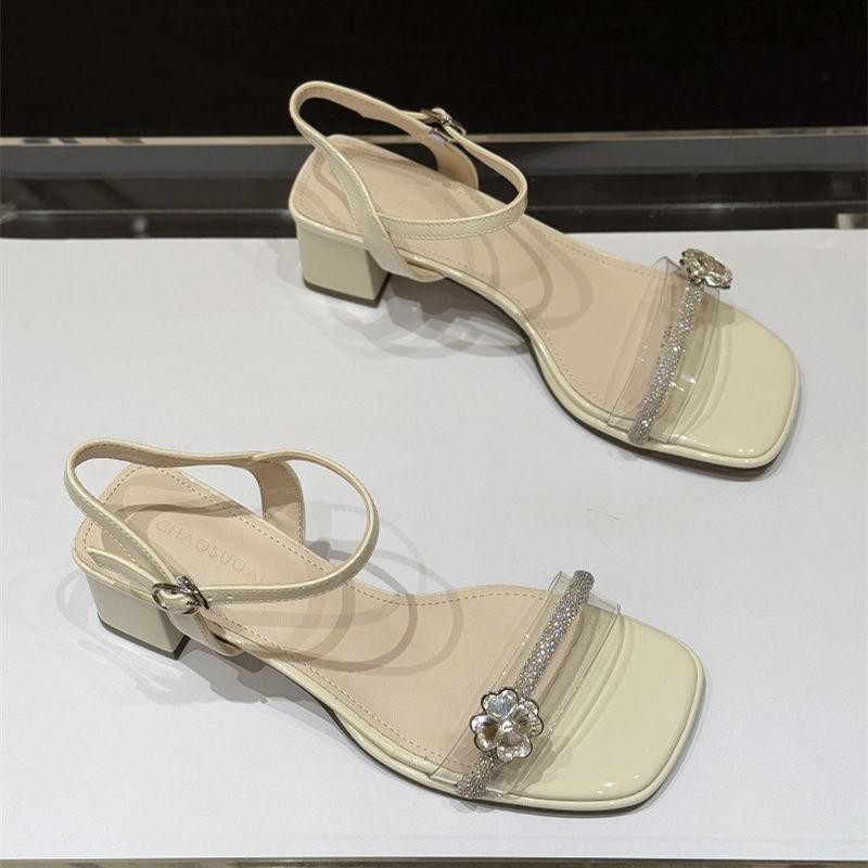 French fairy transparent rhinestone middle heel Roman shoes girl 2025 new summer thick heel foreign style versatile one word with sandals