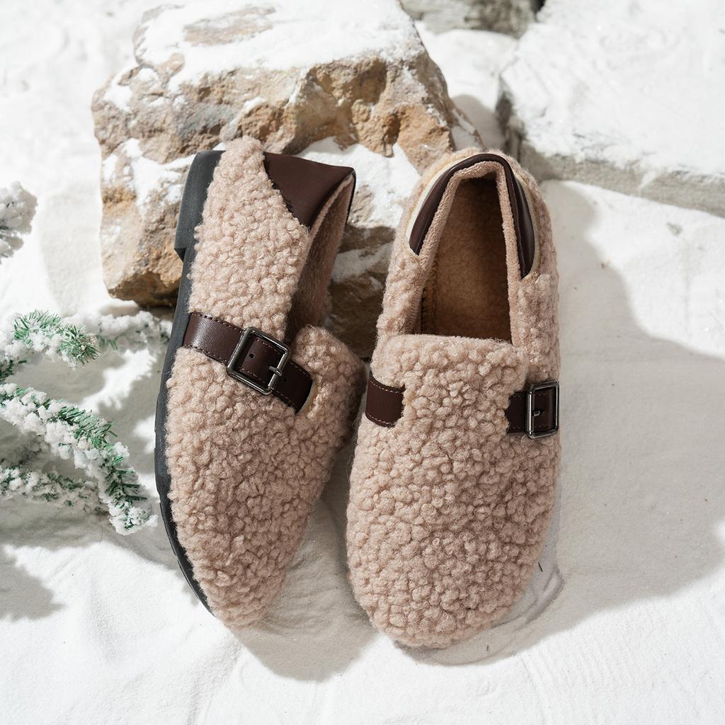Women Fuzzy Shearling Mules Buckle Strap Fur Lined Slip On Warm Winter Casual Flat Loafers