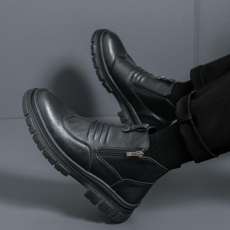 Side zipper high-top riding boots 2026 new autumn and winter soft-soled men's street casual leather shoes trend