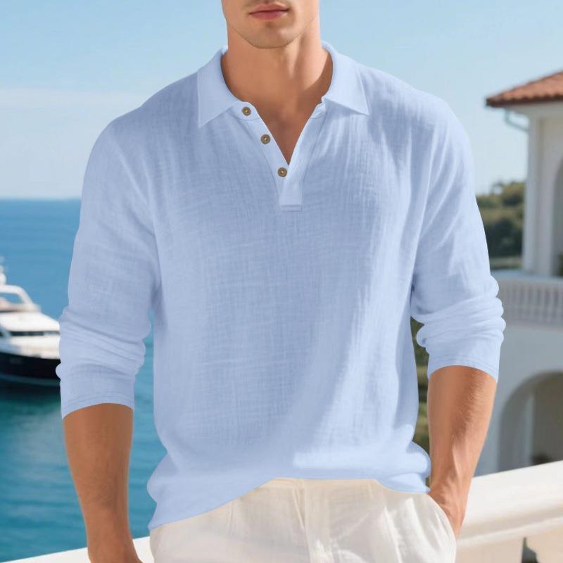 Mens Linen Loose Long Sleeve Casual Polo Shirt