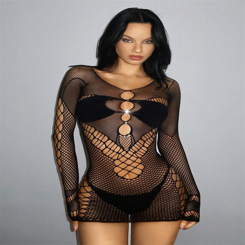 

Ladies Sexy Mesh Dress Asymmetrical Long Sleeve Dress Beach Dress One size fits all чёрный