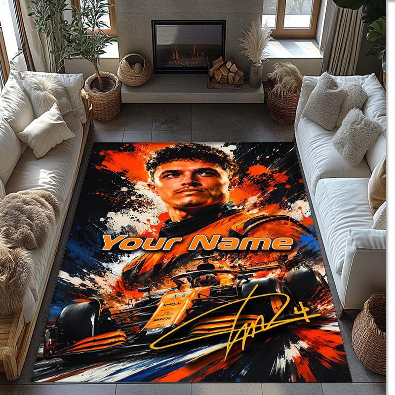 Lando Norris Crystal Velvet Rug, Custom Name Text Personalized Non‑Slip Floor Mat for Home Decor Gift