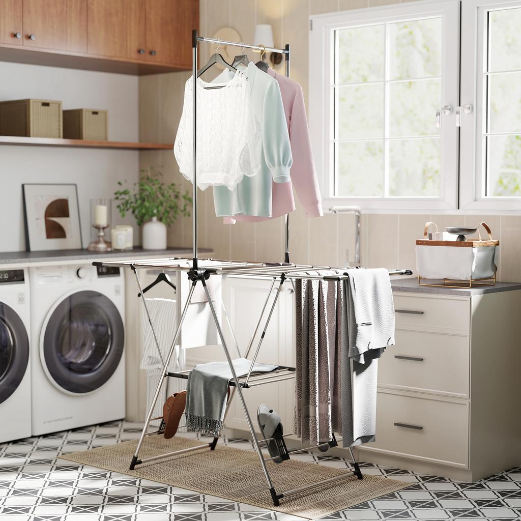 Folding Clothes Drying Rack with 5 Adjustable Wings and 4 Shoe Racks, Stainless Steel, Silver