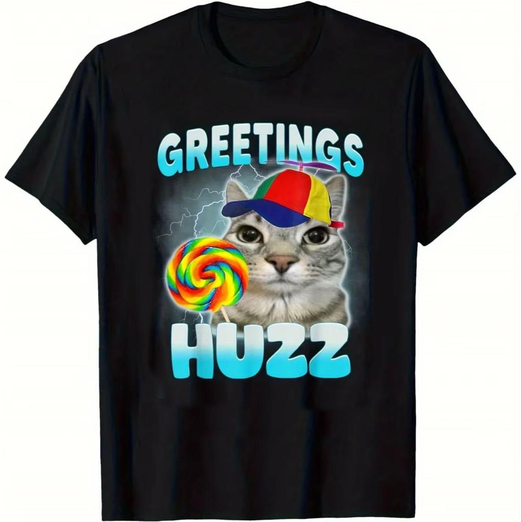 Greetings Huzz Fun Cat Meme Tshirt Soft Breathable Crew Neck Tee With Rainbow Lollipop Party Hat Design Unisex Clothing