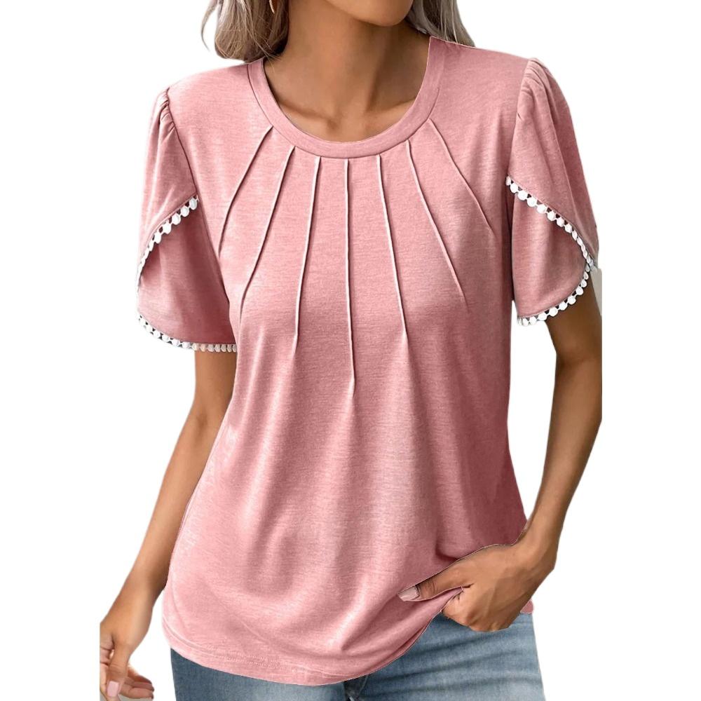 HNXC Damenmode, lässig, Sommer, einfarbig, kurzärmelig, O-Ausschnitt, Blusen und Hemden