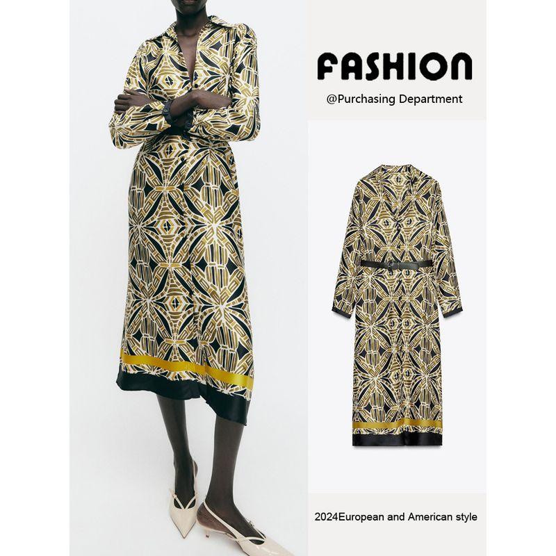 Za2025 Spring New Women's Clothing Elegant with Belt Printed V-neck Long Sleeves Midi Skirt Dress 3897055