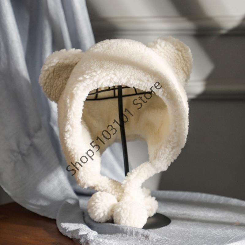 X6HE Winter Beanie Hat for Women Warm Thicken Faux Fleece Plush Hat Bear Ears Outdoor Skull Earflap Trapper Cap