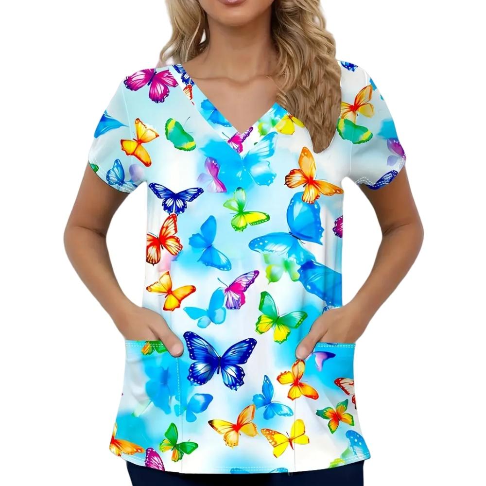 Fashion Butterfly Print Surgical Uniforms Woman Microelastic V-Neck with Pockets Clinical Uniform Short Sleeve Medical Clothes