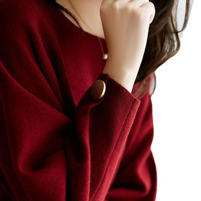 Retro Red Women's Knit Long Sleeve Top - Autumn/Winter Korean Style, Loose Round Neck Sweater