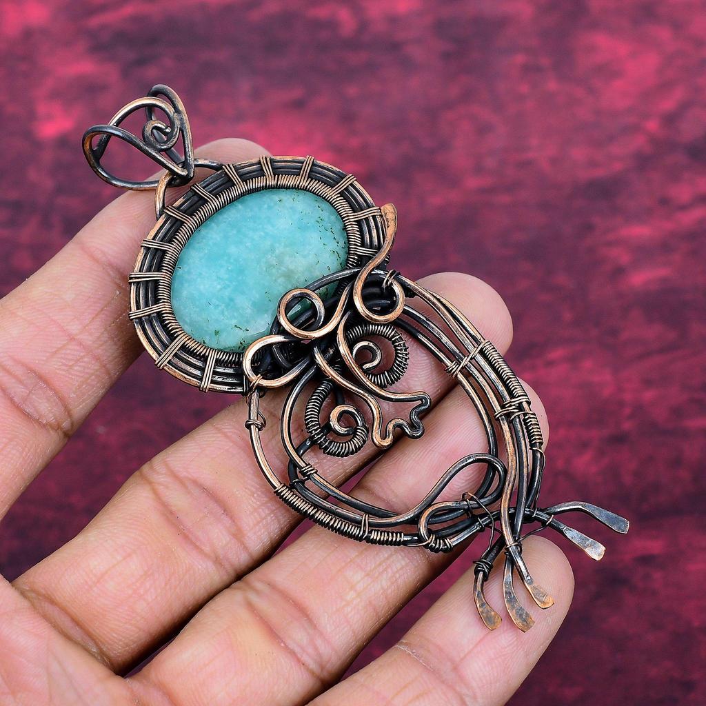 Amazonite Natural Gemstone Pendant Copper Wire Wrapped Pendant Handmade Jewelry