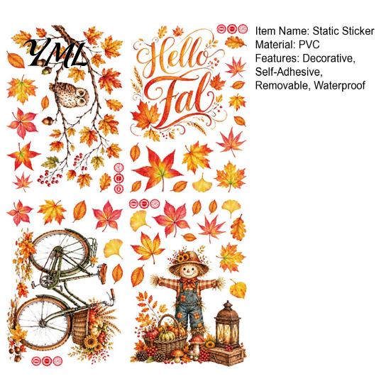 Non Adhesive Window Film 6 Sheets Autumn Harvest Static Stickers, Maple Leaves Scarecrows Bicycle Owl Removable Fall Decorations Thanksgiving Decals,