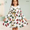 Kids Long Sleeve Christmas Dress, Fall Maple Leaf Print Faux Fur Collar Bow Decor Princess Dresses for Girl Holiday Party Wear