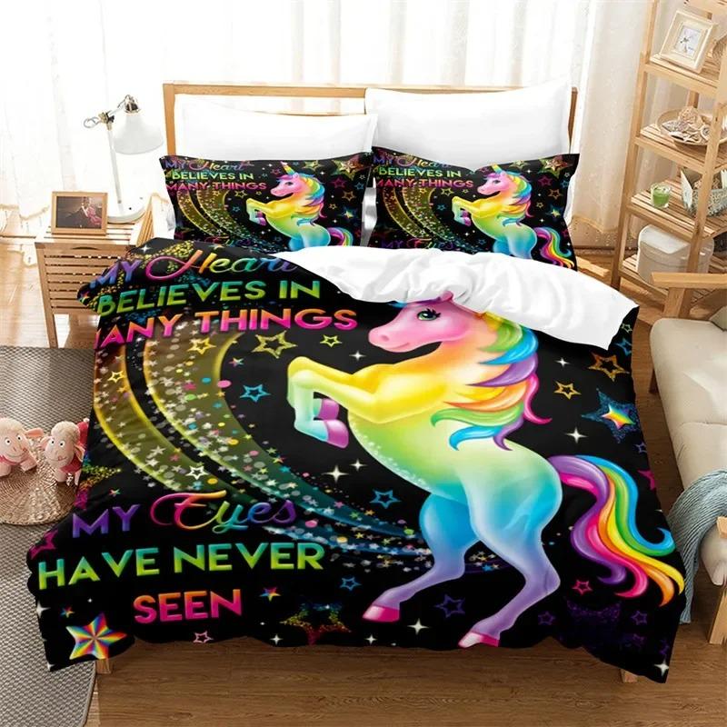 Cartoon Unicorn Duvet Cover Floral Bedding Set Microfiber Flying Horse Comforter Cover Full Queen For Boys Girls Bedroom Decor