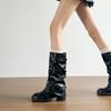 Kleiner Mann aber kniehohe Stiefel mit dicker Sohle Damen 2025 Herbststiefel dicker Absatz Schnalle Gürtel mittelhoher Schaft Faltenstiefel Damen