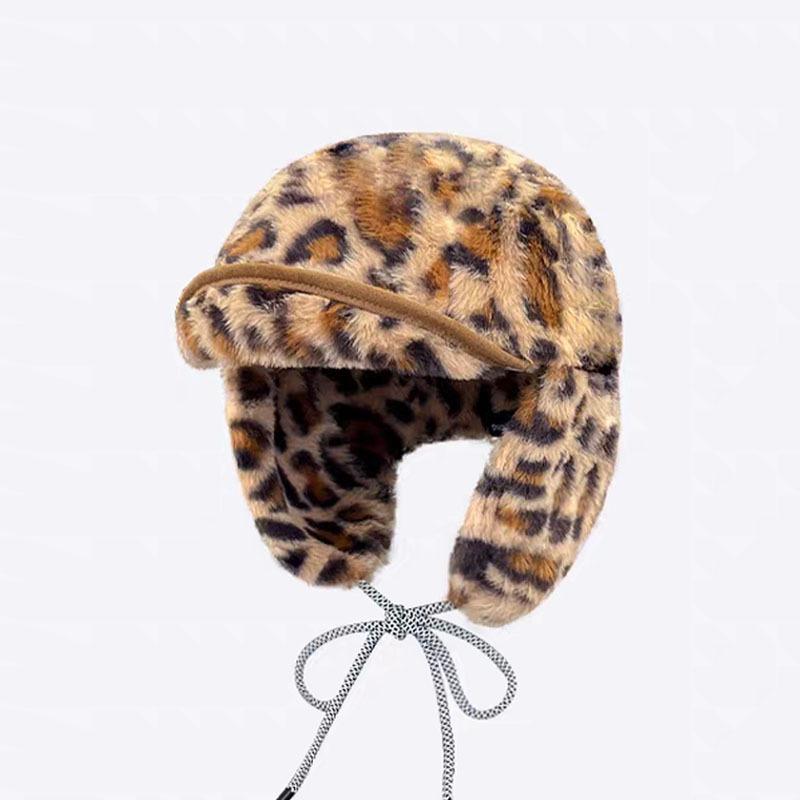 Korean Version Retro Leopard Print Plush Cap Men's and Women's Outdoor Skiing Flight Hat Winter Warm Cycling Ear Hat
