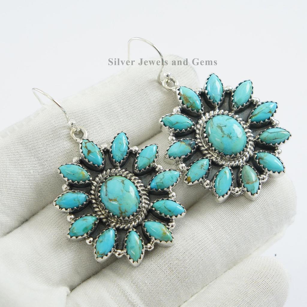 Kingman Turquoise Cluster Earrings: Sterling Silver Multi Stone Design Ring