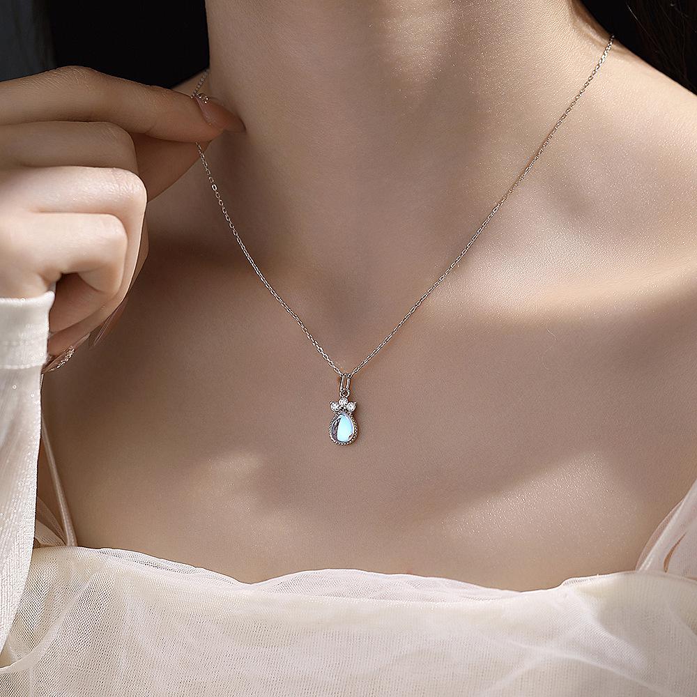 Exquisite 925 Sterling Silver Teardrop Moonstone Necklace for Women - Creative Design Clavicle Chain