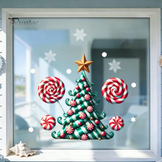 Durable Holiday Window Displays Candy Christmas Tree Static Sticker, Waterproof PVC Removable Decorative Gifts for Friends Glass Clings, Decal