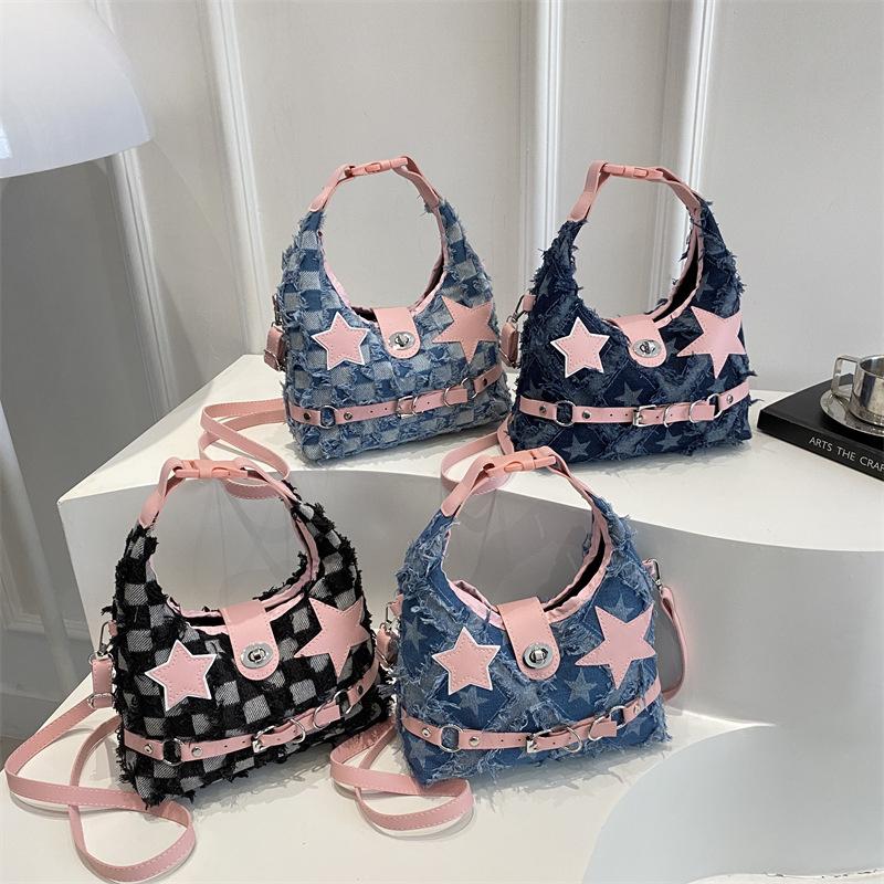 Pink Star Purse and Handbags Aesthetic Plaid Denim Shoulder Bag Punk Leisure Outdoor Crossbody Bag For Women