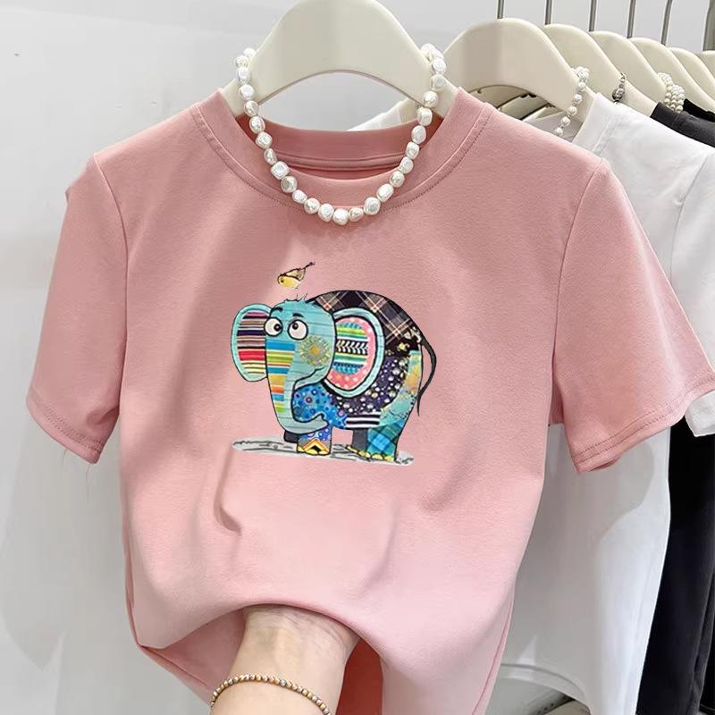Summer new cartoon cute baby elephant printed short-sleeved T-shirt women's fashion versatile casual top bottoming shirt