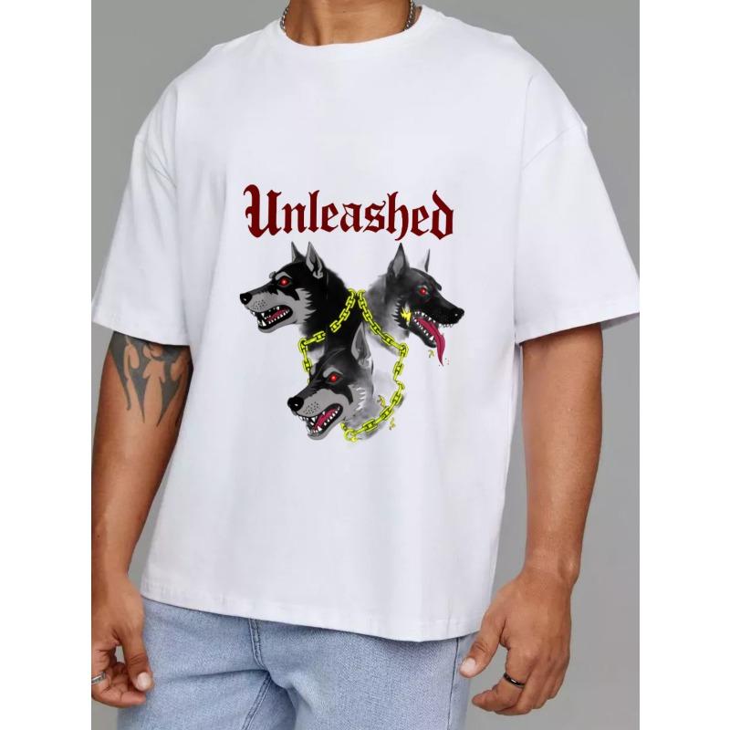 Unisex T Shirt White Unleashed Wolf Heads with Chain Graphic for Casual Wear