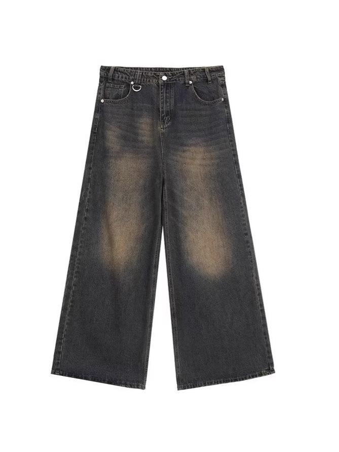 2025 Four Seasons Retro Hong Kong Style Distressed Wide-Leg Floor-Length Jeans