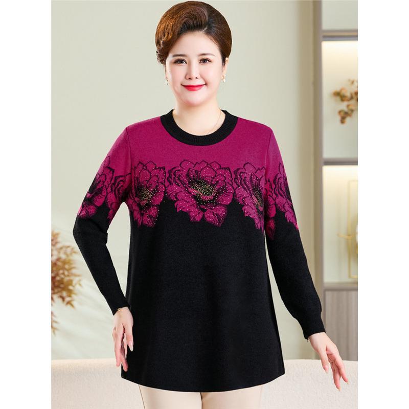 Autumn/Winter Plus Size Wool Pullover for Middle-aged and Elderly Women - Round Neck, Long Sleeve Sweater