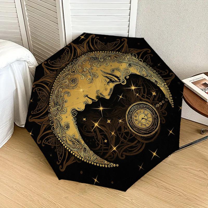 1PC Moon, Clock Pattern Small Travel Compact Windproof Umbrella, Automatic Folding Umbrella, Automatic Open/Close ,Gift-173
