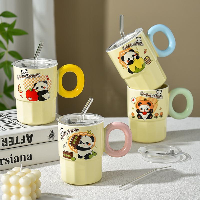 Panda Cute Girl Mug Ceramic with Lid Couple Large Capacity Drinking Water Handle Cup Straw Direct Drinking Dual Purpose