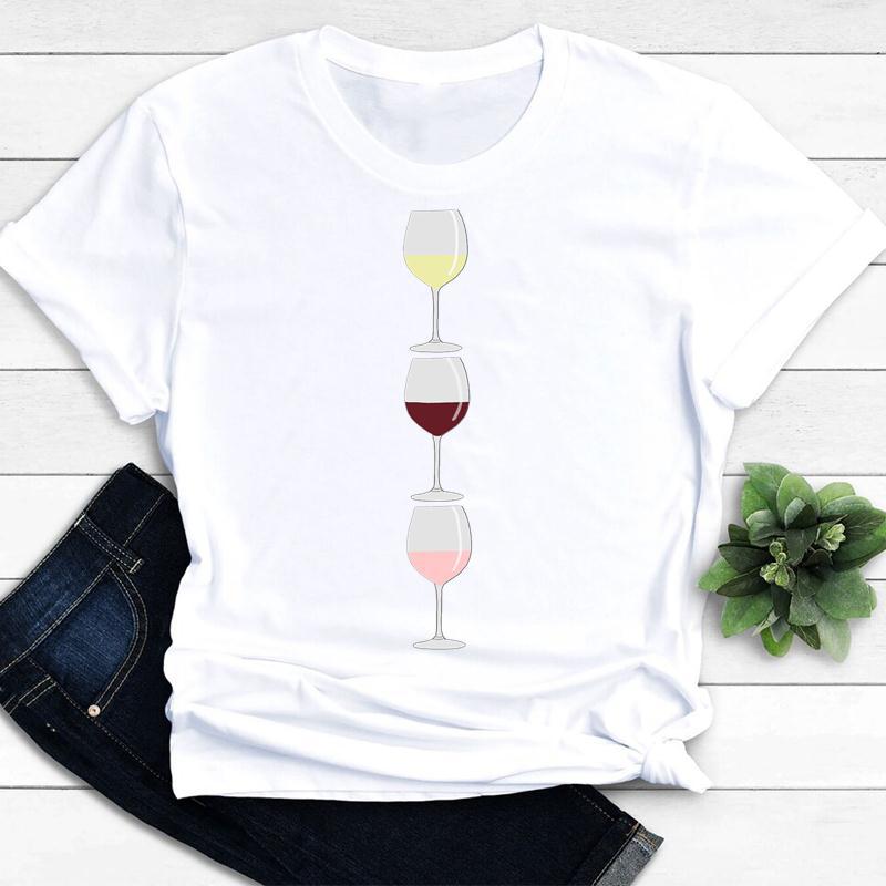 Womens Vintage Tee Color Wine Glass Print a Generation Hair Base Shirt Trend Aesthetic Graphic T Shirts Casual Tops