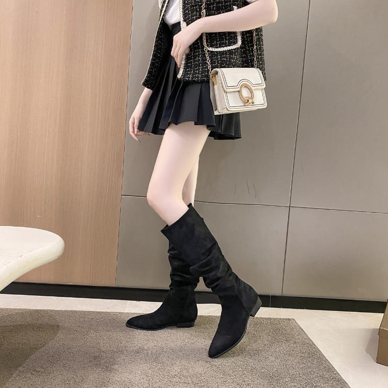 Fashion long boots women's thick legs big tube circumference flat bottom stacking boots suede pointed thin high boots