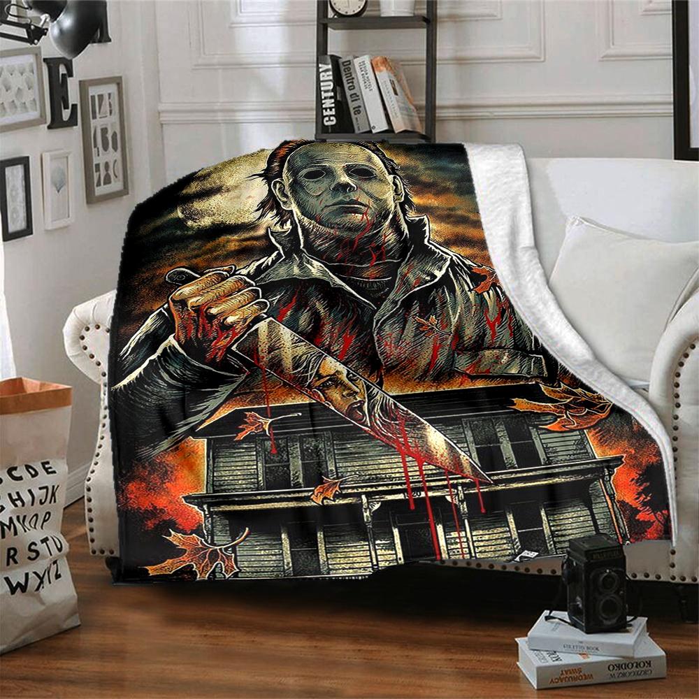 1Pc Halloween Horror Poster Flannel Blanket, Soft And Comfortable, Casual Warm, Camping Travel, Christmas, Halloween Xmas Gift L1303