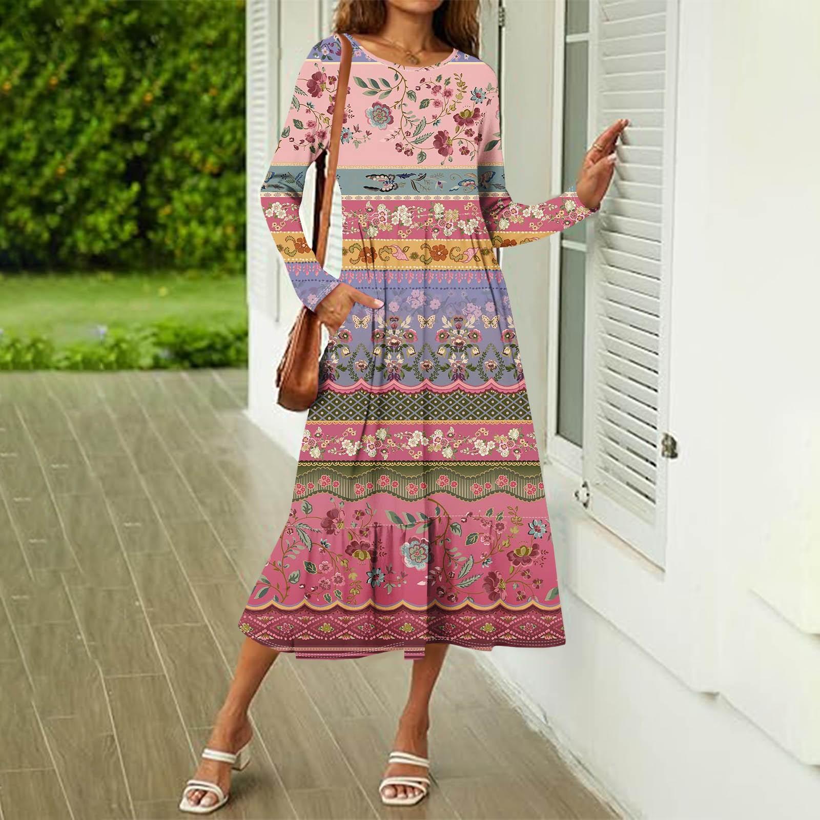 

Женское повседневное платье с принтом, весна-осень, карман, круглый вырез, длинные рукава, платья XXL розовый