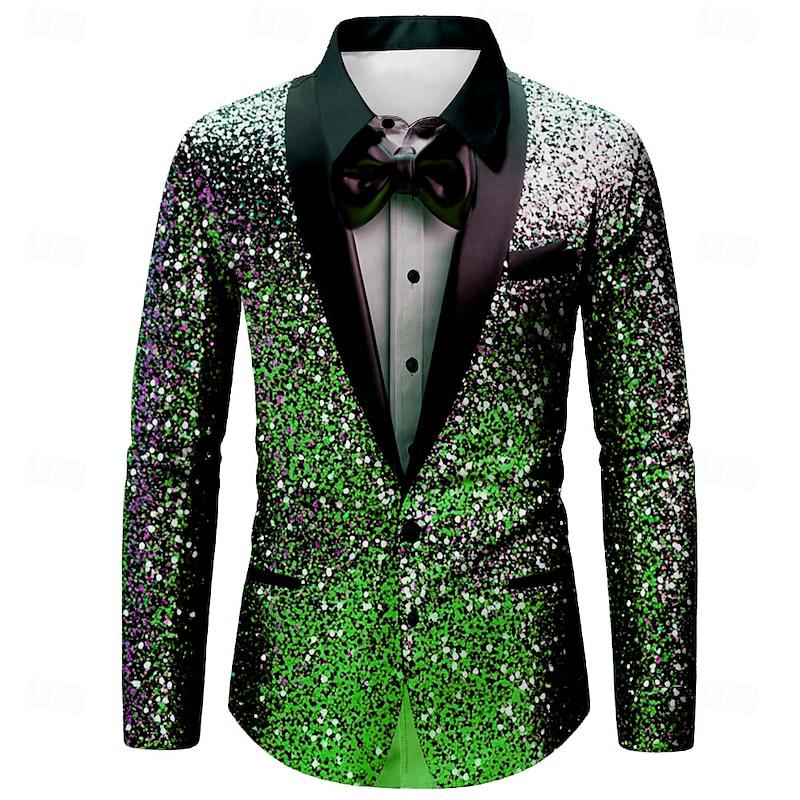 Herren Hemd mit Kragen Langarm Weihnachten Glitzer Dekor Lässiges Party Oberteil