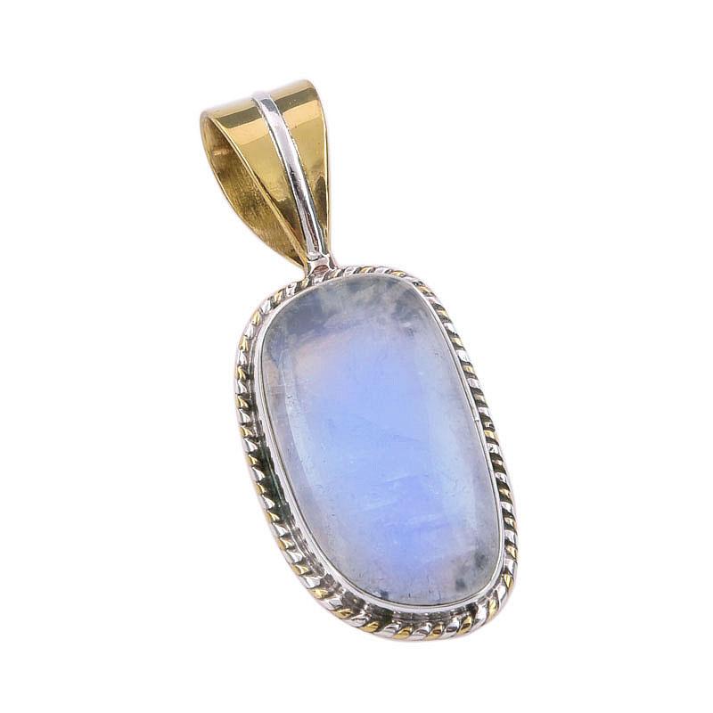 Natural Rainbow Moonstone Gemstone 925 Solid Silver Two Tone Pendant 1.25" q9W43