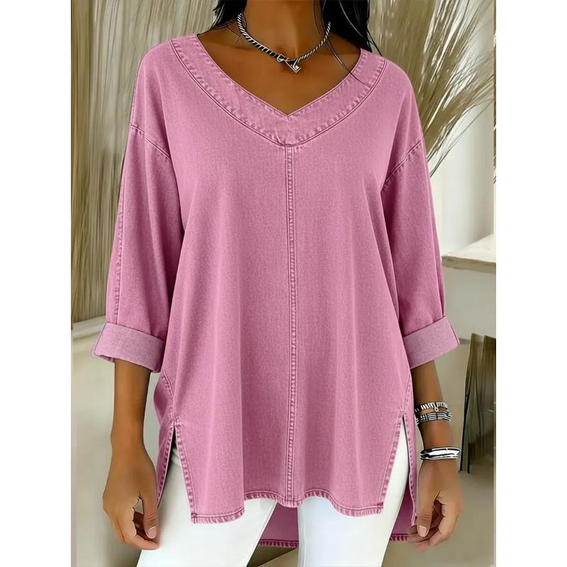 IHUASU Camicette e camicie da donna con scollo a V, maniche lunghe, stampa tinta unita casual alla moda