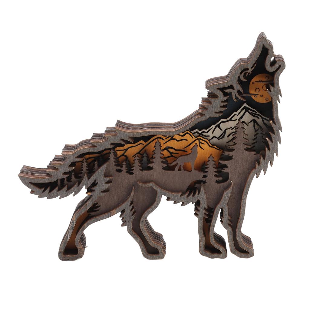Wolf Refined Details Wooden Statue Good Decoration Hollowed Multilayer Wolf Figurine With String