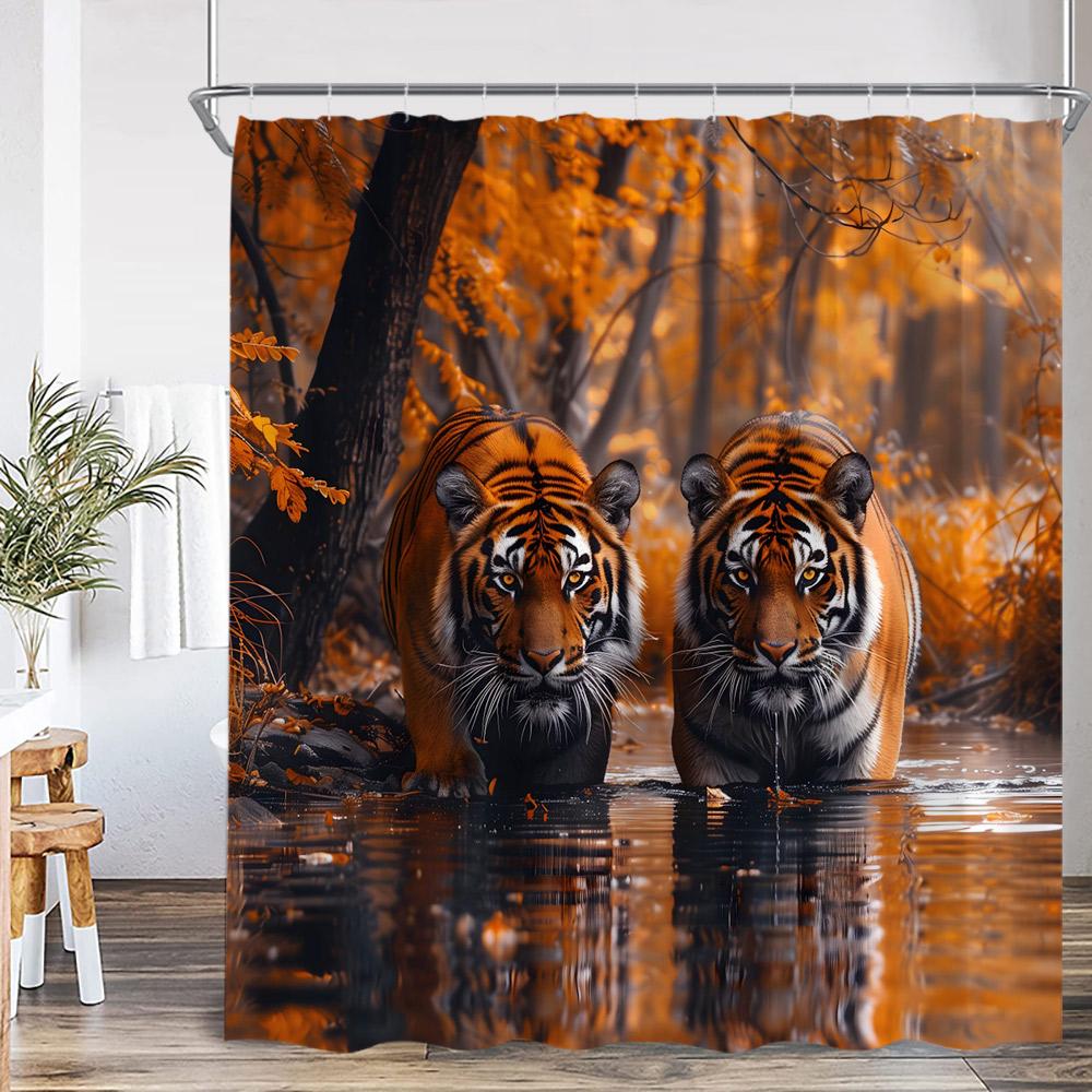 Herbstwald Duschvorhang Hirsch Hochlandrind Tiger Wildtier Natur Herbstlandschaft Badezimmerdekoration Polyester Duschvorhang