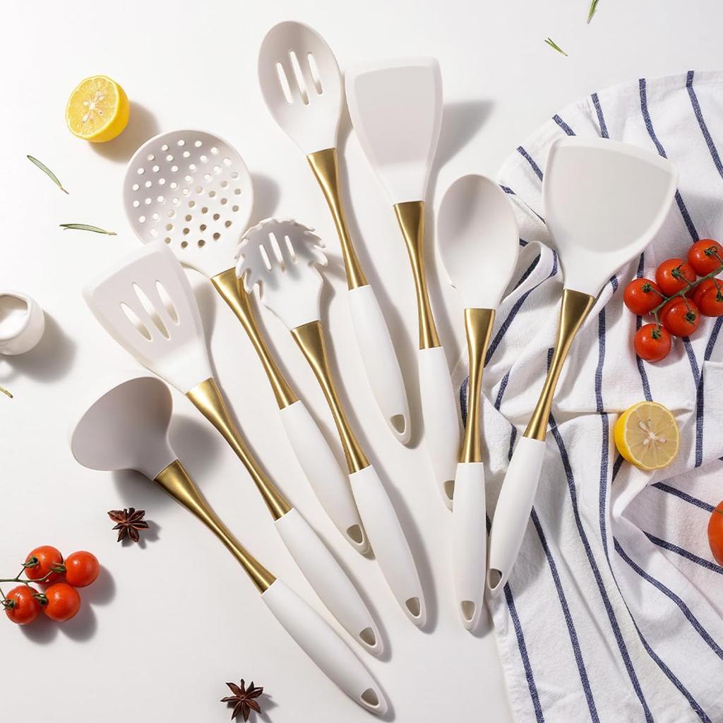 8pcs White Silicone Cooking Utensils with Strong Gold Handle Kitchen Essentials, Silicone Spatula Cooking Spoons