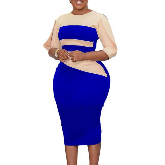 

2024 Женское платье соответствующего цвета в стиле пэчворк С половиной рукавом с круглым вырезом на молнии сзади Slim Fit длиной до колена Мягкое дышащее формальное элегантное платье для выпускного вечера Midi Dr M королевский синий